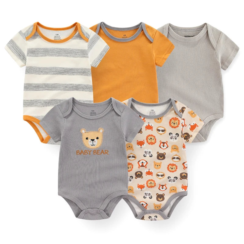 Cotton Baby Bodysuit Set of 5, Short Sleeve and Sleeveless Infant Clothing Styles with Solid Colors and Prints for Boys and Girls, 3M-12M