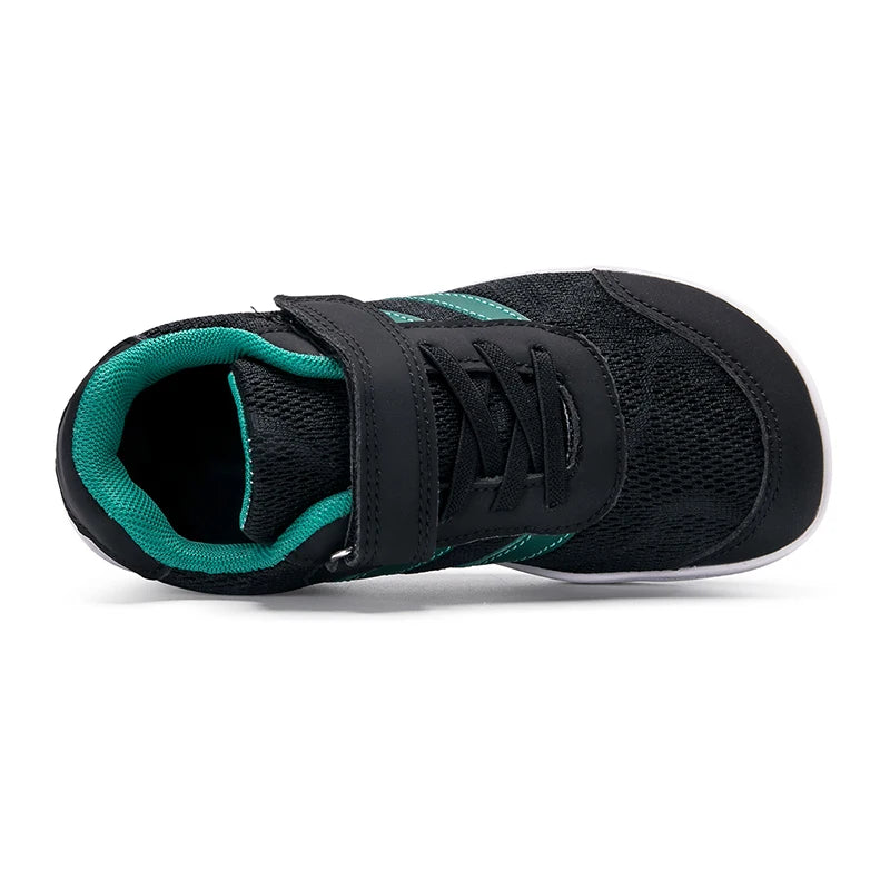 Kids Wide-Toe Mesh Sneakers with Adjustable Hook-and-Loop Strap, Contrast Side Stripes and Low-Top Casual Style in Pink, Black or Blue