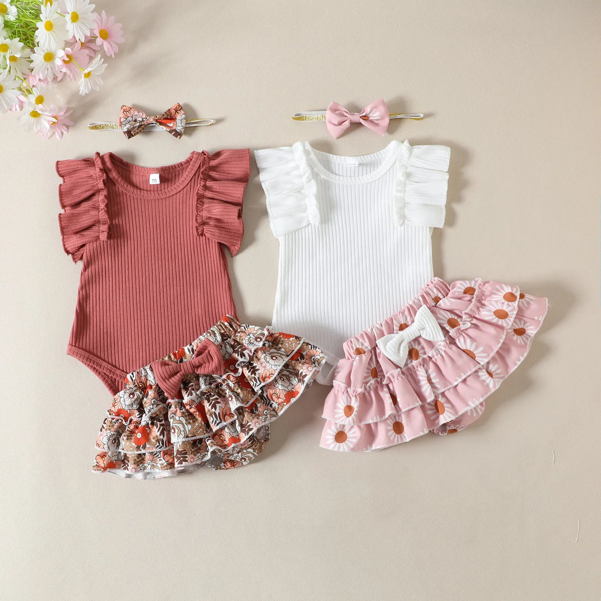 Infant Girls Summer Clothing Set with Ruffle Sleeve Ribbed Romper, Floral Bow Shorts and Matching Headband, 3-Piece Outfit for 0-24 Months