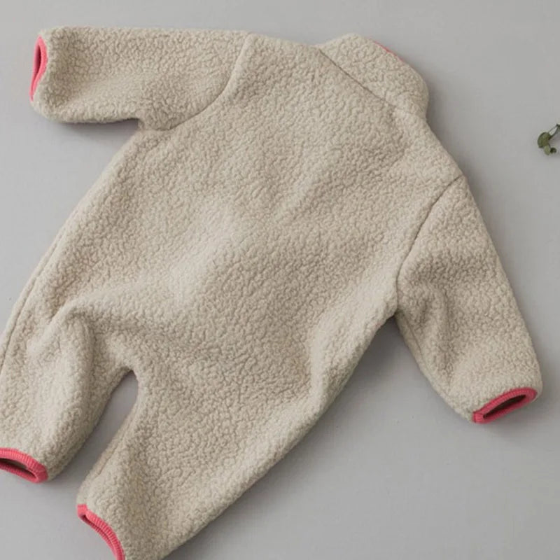 Zip Front Baby Fleece Romper by MILANCEL with Contrast Chest Pocket, Long Sleeve Footless One-Piece Outerwear in Brown, Beige and Green, 3-24M