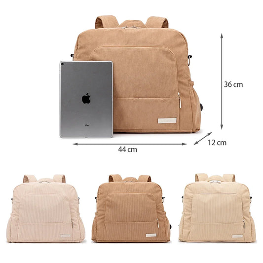 Corduroy Diaper Backpack by Soboba, Large Capacity Baby Changing Bag with Interior Pockets, Front Zip Storage and Side Pockets for Daily Outings