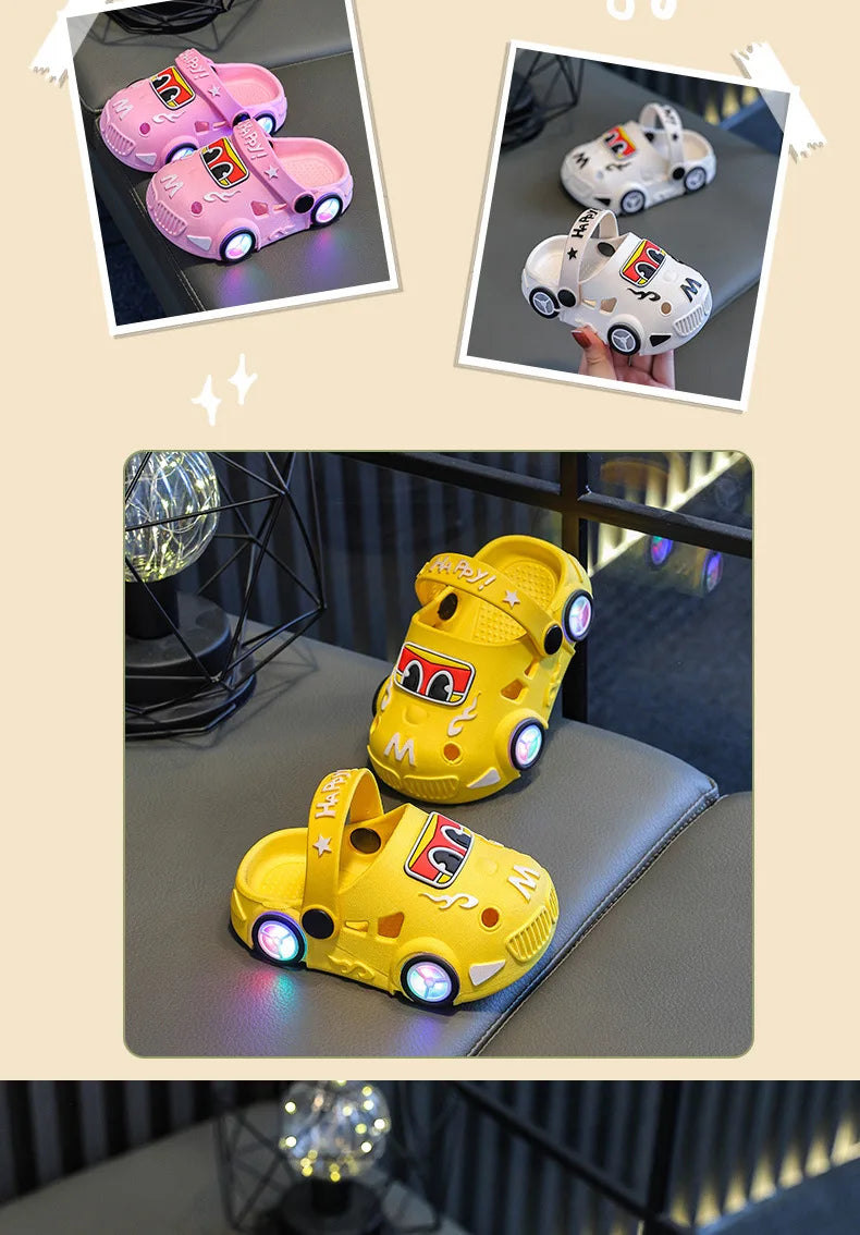 Kids Light-Up Car Clogs with Glowing Wheel Details, Ventilated Closed-Toe Design and Pivoting Heel Strap for Playful Summer Casual Outfits