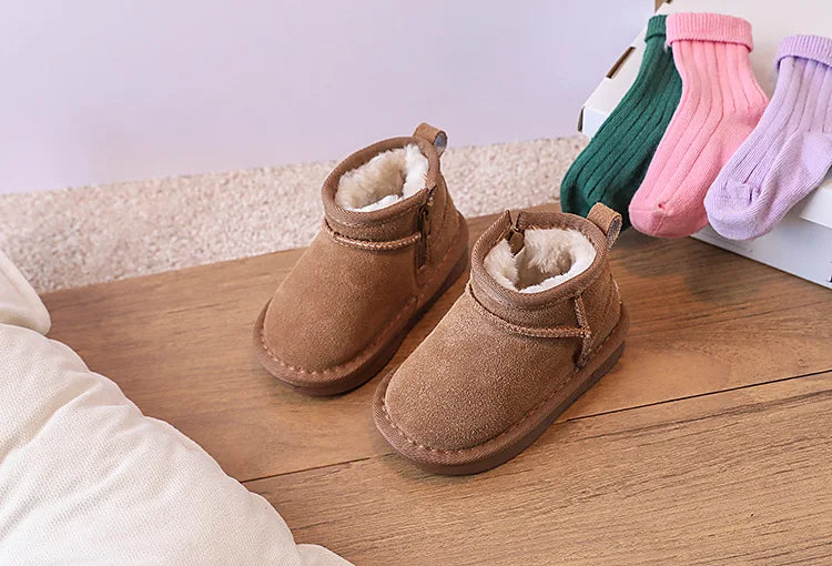 Toddler Plush Winter Booties with Contrast Stitching and Rear Pull Tabs, Camel, Black or Army Green Short Boots for Boys and Girls, Sizes 18-25