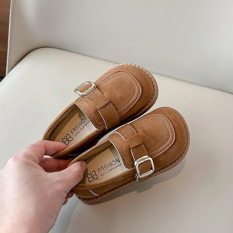 Girls Buckle Loafers with Rounded Toe and Stitched Detail, Brown or Khaki Casual Flats for School Outfits, Spring and Fall Days