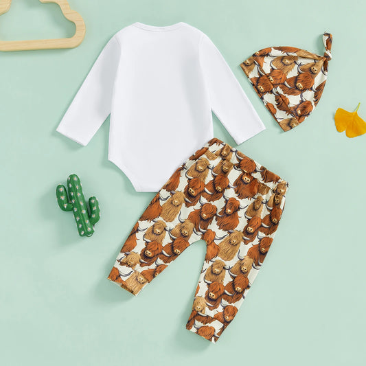 Highland Cow Baby Boy Outfit Set, New to the Herd Long Sleeve Bodysuit with Cow Print Elastic-Waist Pants and Hat, Three-Piece Clothes, 0-18 Months
