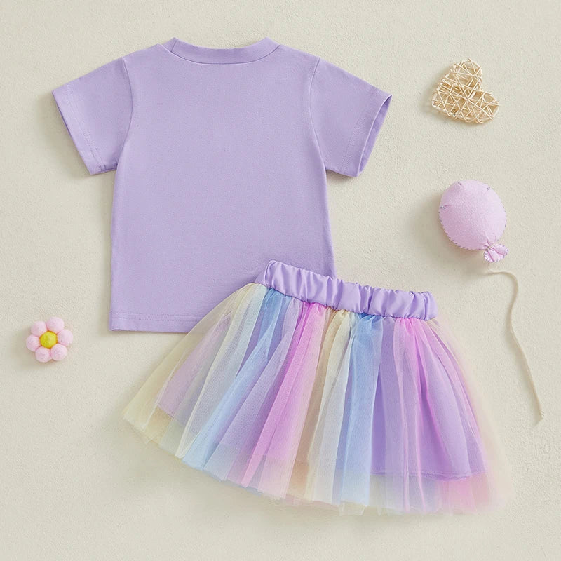 Toddler Girl Birthday Outfit with Purple Embroidered Tee and Pastel Rainbow Tulle Skirt, Two-Piece Party and Photo Set, 12 Months-6 Years