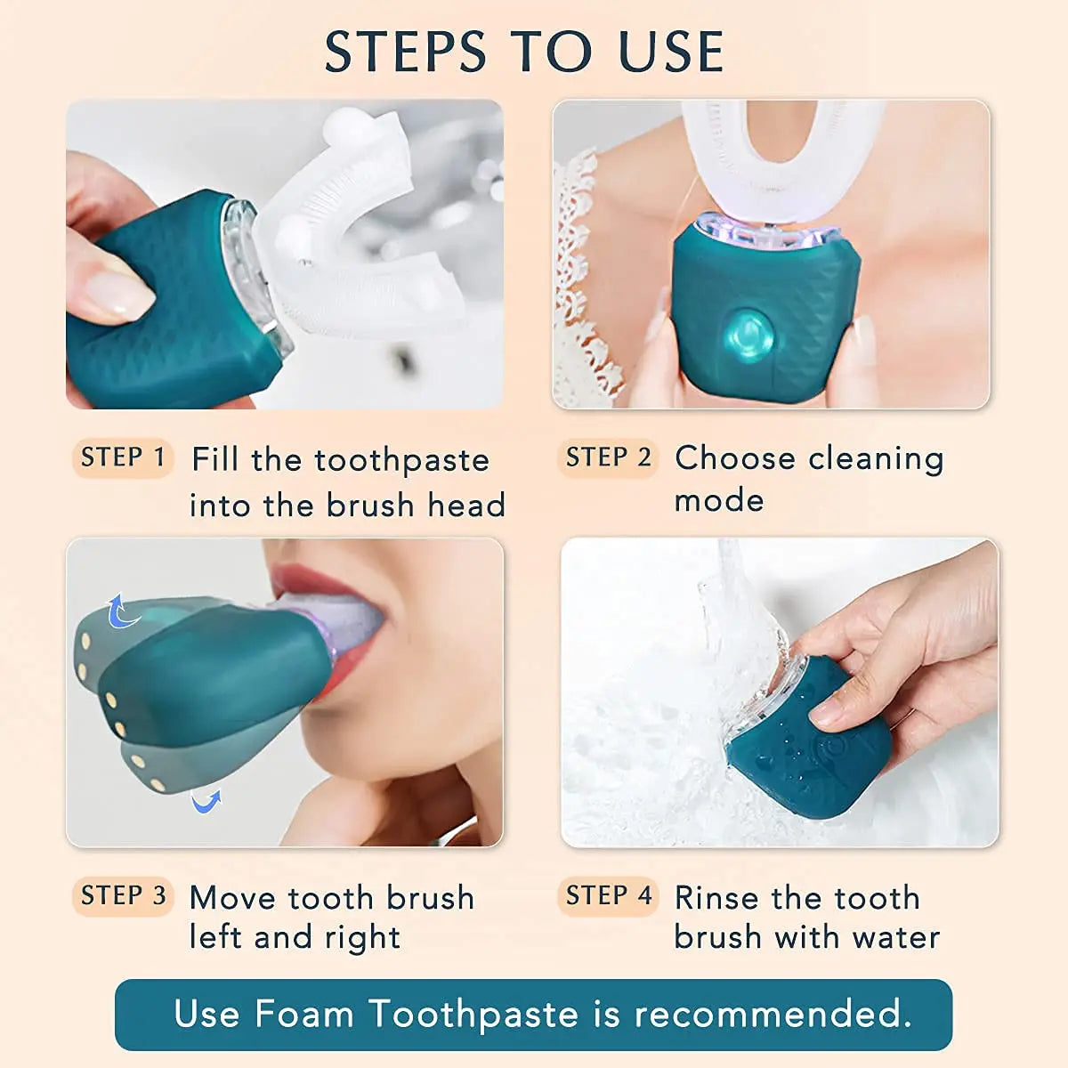 Adult U-Shaped Electric Toothbrush with Four Brushing Modes, Blue-Light Feature and Wireless Charging Design for Daily Oral Care