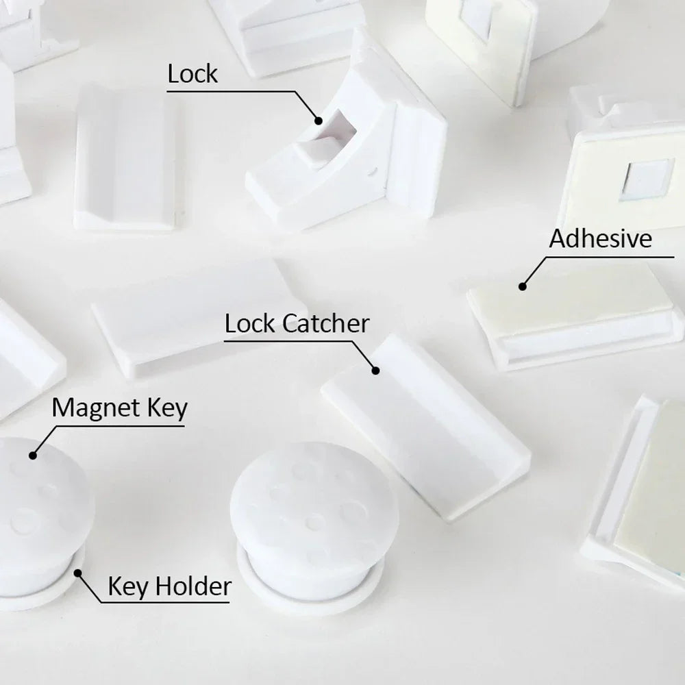 Magnetic Cabinet Safety Locks with Hidden Interior Latches and No-Drill Adhesive Installation for Compatible Drawers and Cupboard Doors