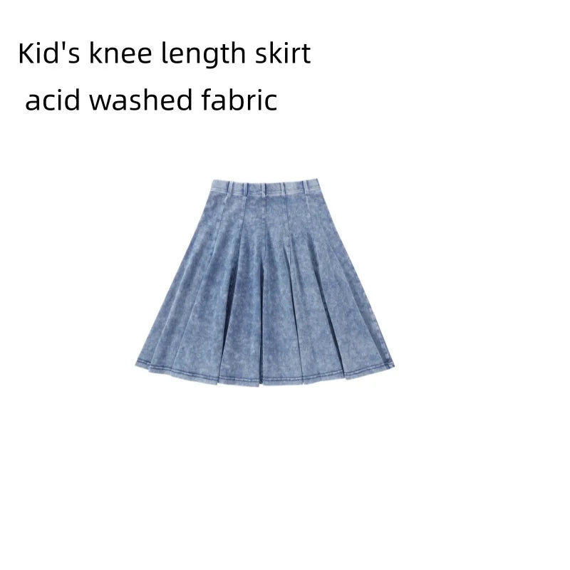 Denim Panel Pleated Skirt for Girls, Teens and Women, Washed Blue and Gray Cotton Styles with Black Jersey Option for Everyday Casual Outfits