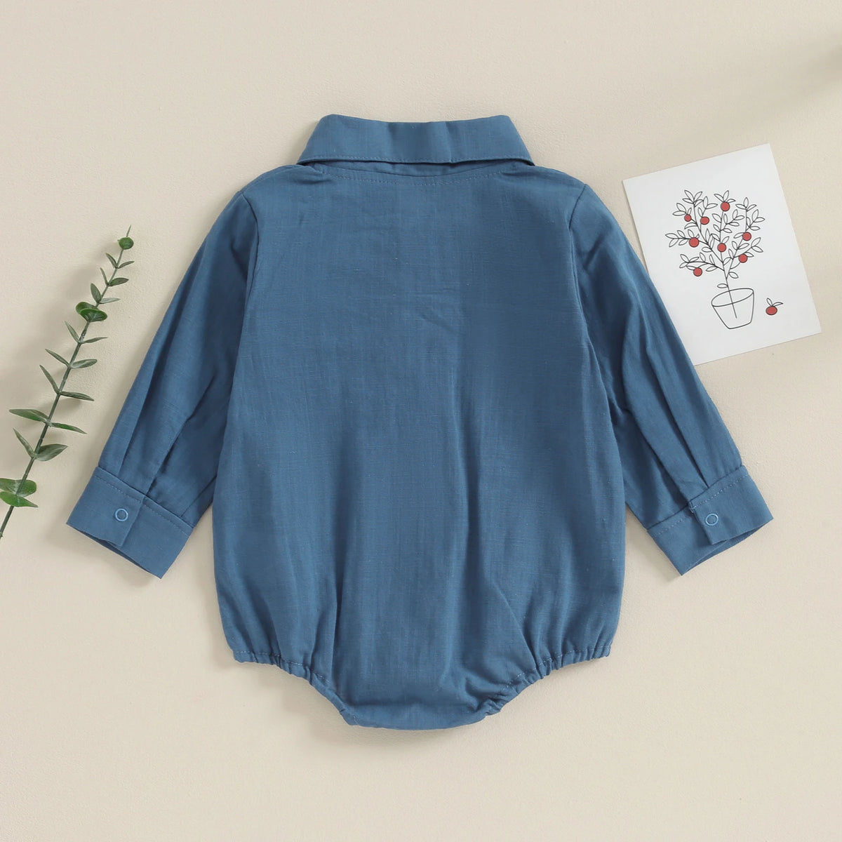 Baby Boy Collared Romper with Long Sleeves, Chest Pocket and Snap Front, Solid Color Cotton Blend Gentleman Outfit for Photos, 0-24 Months