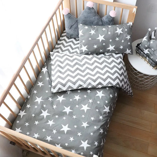 Woven Cotton Kids Bedding Set, 3-Piece Printed Duvet Cover and Pillowcase with Flat or Fitted Sheet Options, Toddler Room Linens
