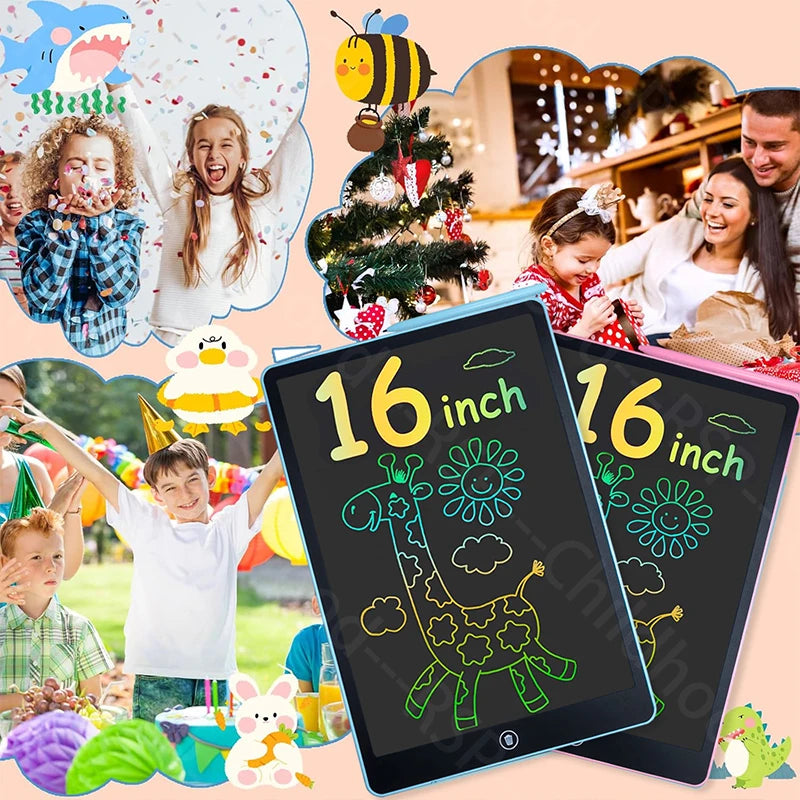 16-Inch Color LCD Drawing Board, Reusable Kids Writing Tablet with Erase Lock Switch and POM Stylus for Doodles, Letters and Number Practice