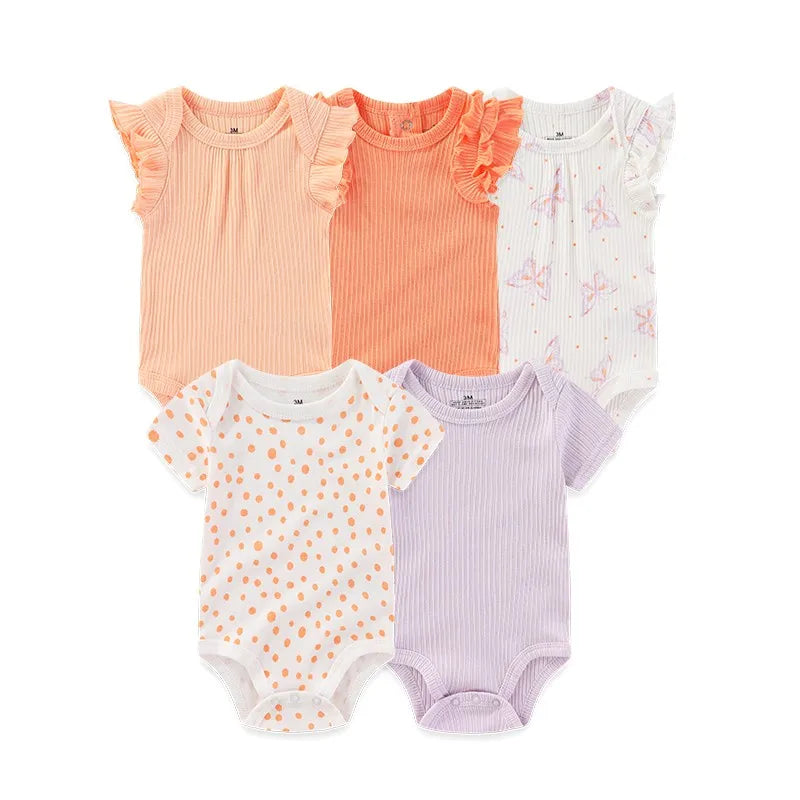 Cotton Baby Bodysuit Set of 5, Short Sleeve and Sleeveless Infant Clothing Styles with Solid Colors and Prints for Boys and Girls, 3M-12M