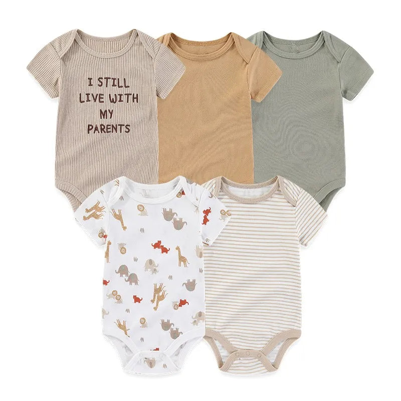 Baby Bodysuit Multipack in Cotton, 4- or 5-Piece Short Sleeve Infant Clothing with Printed and Solid Designs for Boys and Girls, Sizes 3M-12M