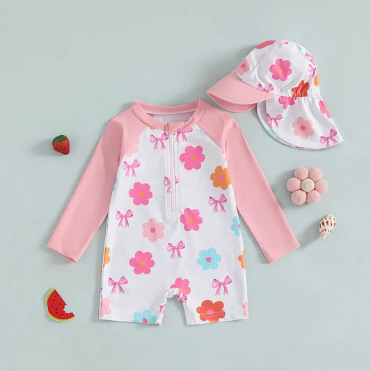 Toddler Girls Rash Guard Swimsuit and Sunhat Set, Long Sleeve Half-Zip One-Piece with Floral, Bow or Strawberry Prints for Pool and Beach