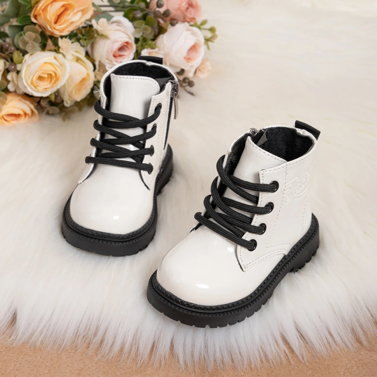 Kids PU Leather Combat Ankle Boots with Lace-Up Front, Side Zipper and Black Chunky Soles, Boys and Girls Fall Winter Shoes in Sizes 21-30