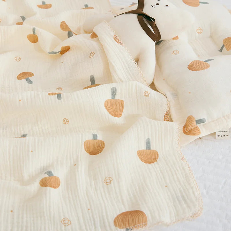 Large Muslin Baby Blanket, 150 x 120 cm Two-Layer Cotton Receiving Wrap with Floral Prints and Decorative Scalloped Edges for Supervised Cuddles
