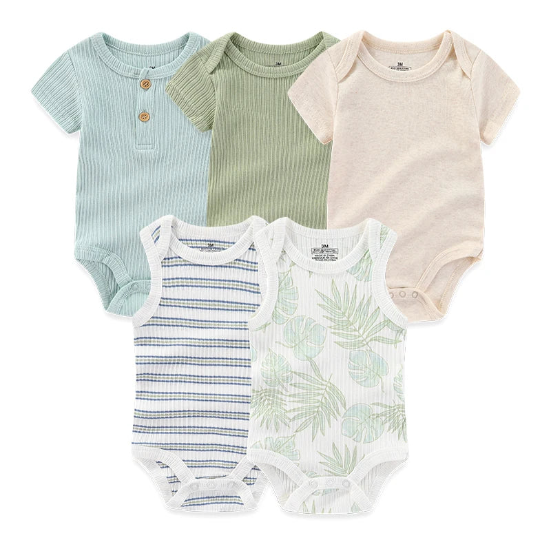 Cotton Baby Bodysuit Set of 5, Short Sleeve and Sleeveless Infant Clothing Styles with Solid Colors and Prints for Boys and Girls, 3M-12M