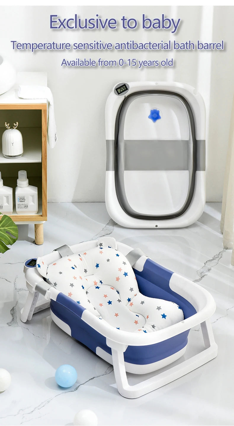 Temperature-Sensing Baby Bathtub with Digital Display, Compact Folding Bath Tub for Supervised Bathing and Small-Bathroom Storage
