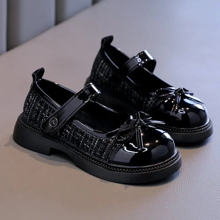 Girls Patchwork Mary Jane Shoes with Bow Detail, Glossy Round Toe and Textured Panels in Black or Beige for Spring Fall Dressy Outfits