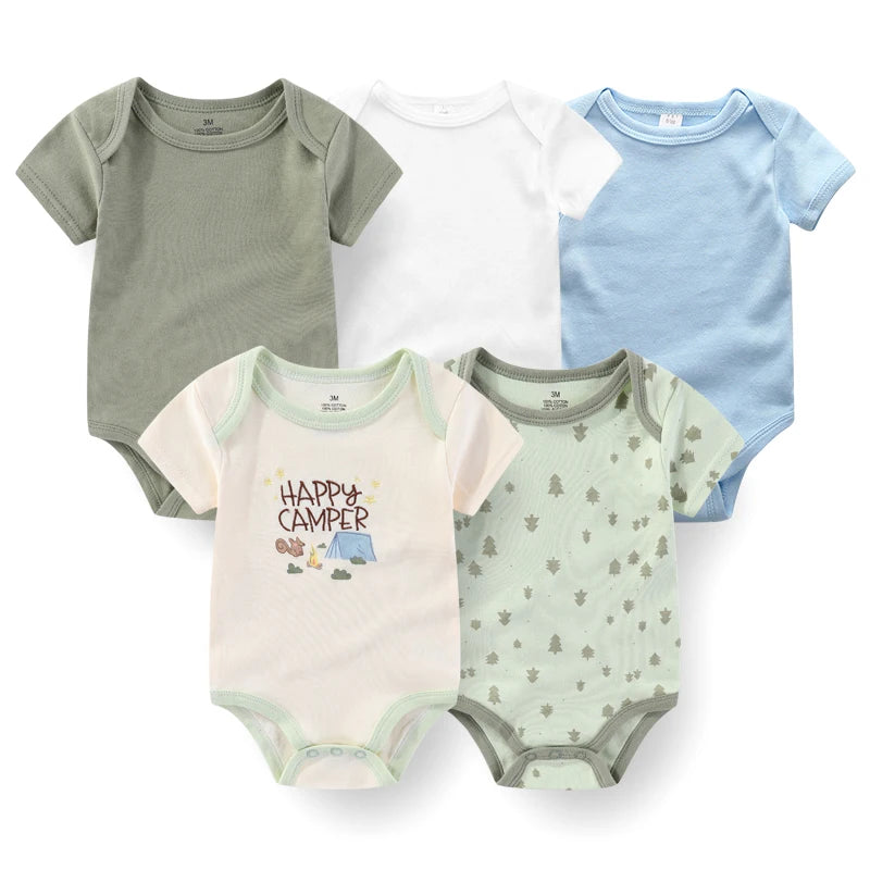 Cotton Baby Bodysuit Set of 5, Short Sleeve and Sleeveless Infant Clothing Styles with Solid Colors and Prints for Boys and Girls, 3M-12M