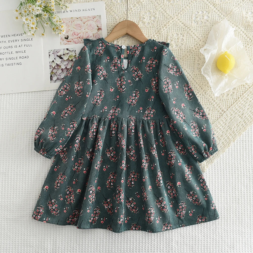 Toddler Girls Floral Dress with Oversized Collar and Long Sleeves, Bear Leader Outfit in Sizes 2T–6T for Spring, Fall and Family Photos