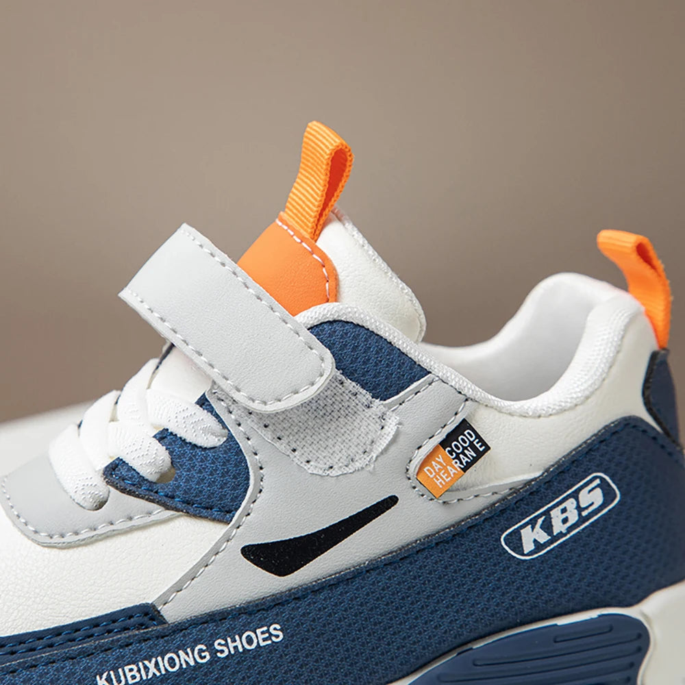 Color-Block Kids Running Shoes with PU Leather Upper, Soft Rubber Sole and Strap Closure for Boys and Girls, School Days and Outdoor Play