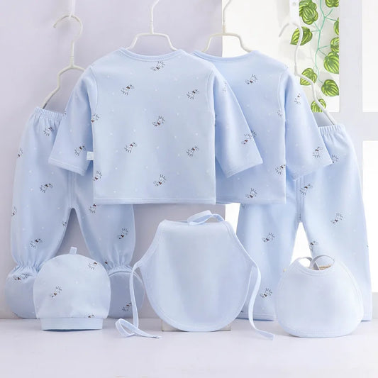 Newborn Layette Set with 7 Cotton Clothing Pieces, Cartoon Giraffe Print Long Sleeve Tops, Pants and Hat for Baby Boys and Girls
