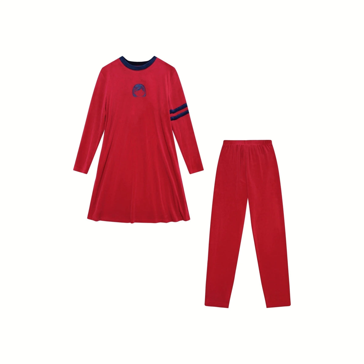 Kids Velour Pajamas with Printed Face Motifs, Red and Navy Long Sleeve Lounge Sets with Baby Footie and Teen Dress Options for Coordinated Outfits