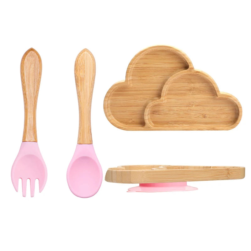 Baby Bamboo Suction Plate Set with Wooden-Handle Spoon and Fork, 3-Piece Cartoon Dinnerware with Divided Elephant Design for Toddler Meals