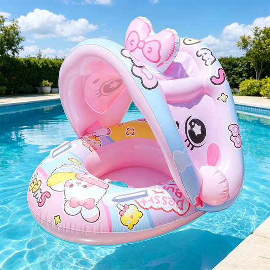 Rabbit-Style Inflatable Pool Float with Canopy and Seated Ring Design, Kids Water-Play Accessory for Closely Supervised Pool Time