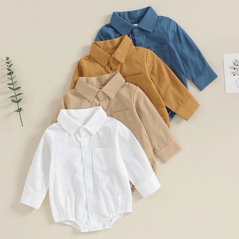 Baby Boy Collared Romper with Long Sleeves, Chest Pocket and Snap Front, Solid Color Cotton Blend Gentleman Outfit for Photos, 0-24 Months