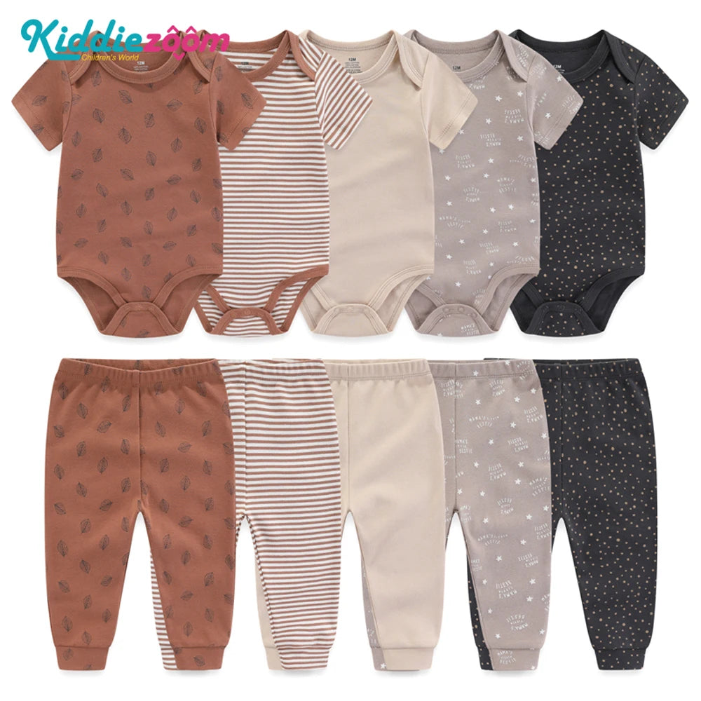 Baby Bodysuit and Pants Set, 10-Piece Kiddiezoom Infant Clothing Bundle with Short-Sleeve Tops for Boys and Girls, Sizes 3M-12M