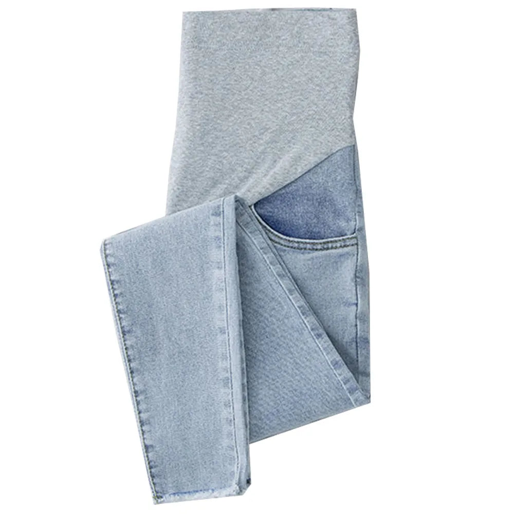 Maternity Denim Jeans with Over-Belly Panel, Blue Pregnancy Pants with Frayed Hem Styling, M-2XL Options for Everyday Casual Outfits
