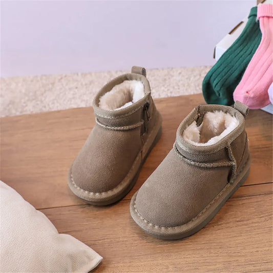 Toddler Plush Winter Booties with Contrast Stitching and Rear Pull Tabs, Camel, Black or Army Green Short Boots for Boys and Girls, Sizes 18-25