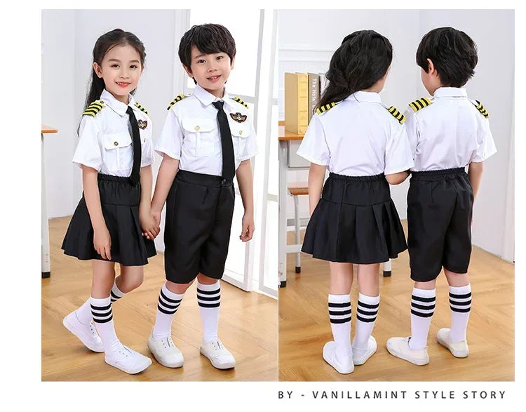 Kids Pilot Costume for Boys and Girls, Airline Captain Uniform-Style Outfit with Short Sleeve Shirt Styling for Career Day and Halloween