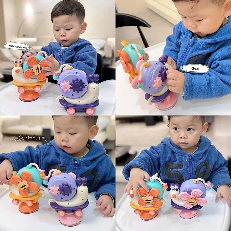 Suction Cup Snail Spinner Toy with Colorful Windmill and Wheeled Design for Supervised Sensory Play, Fine Motor Exploration and Gifting