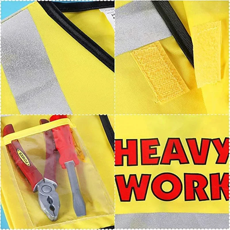 Construction Worker Dress-Up Set for Kids Ages 3-6, Builder Costume with Vest, Hat and Pretend Tools for Career Day and Birthday Play