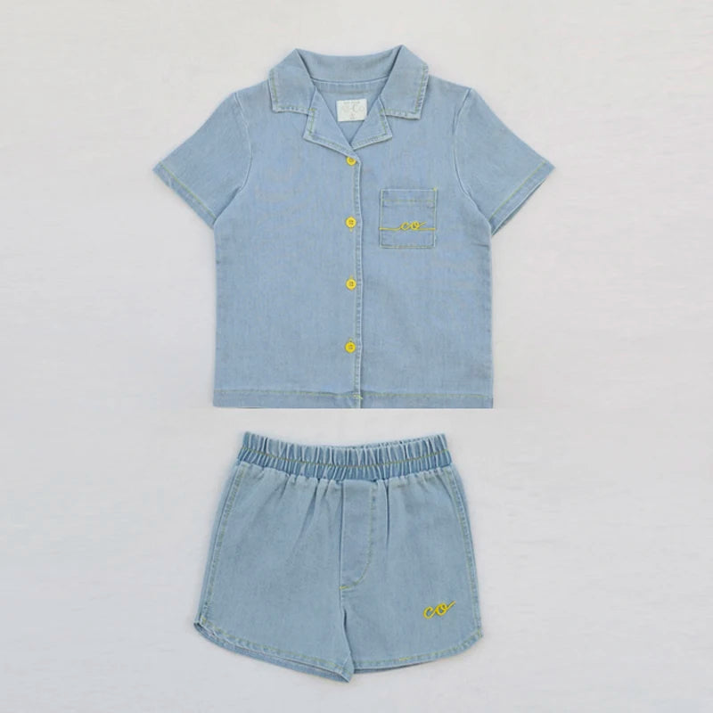 Light Blue Denim Sibling Outfits, Cotton Boys Shirts and Shorts, Girls Dresses and Skirts, Baby Rompers and Overalls for Matching Family Looks