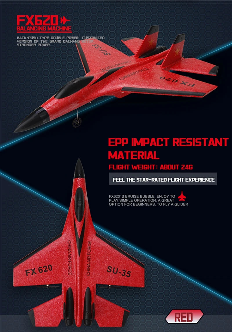 RC Airplane SU35 Fighter, Oike EPP Foam Plane with 2.4 GHz Control, Gyroscope and LED Lights for Outdoor Flying, One or Two Battery Options