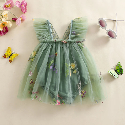 Butterfly Baby Girl Romper Dress with Floral Embroidery and Mesh Skirt, Sleeveless Square-Neck One-Piece Outfit for Photos and Parties, 3M-18M