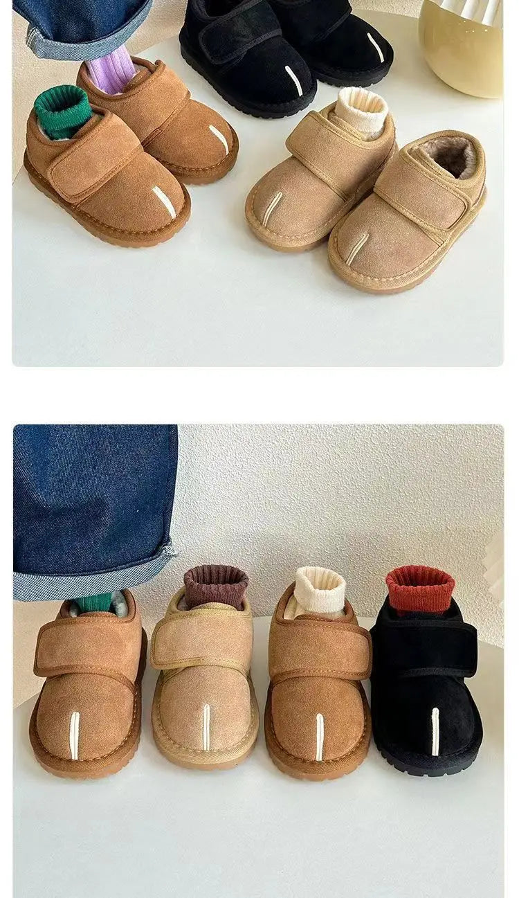 Hook-and-Loop Toddler Winter Ankle Boots with Faux Suede Upper and Plush Lining, Brown Apricot or Black Short Shoes for Boys and Girls in Sizes 21–30
