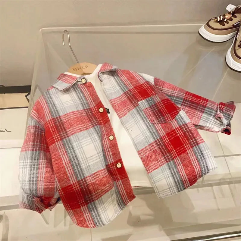 Plaid Kids Long Sleeve Button-Down Shirt with Classic Collar, Retro Casual Layering Top for Boys and Girls, Size Labels 90-150 cm