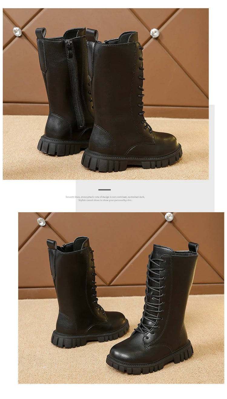 Girls Mid-Calf Lace-Up Boots with Side Zippers, Chunky Lug-Style Soles and Back Pull Tabs, Fall Winter Fashion Footwear in Sizes 27-36