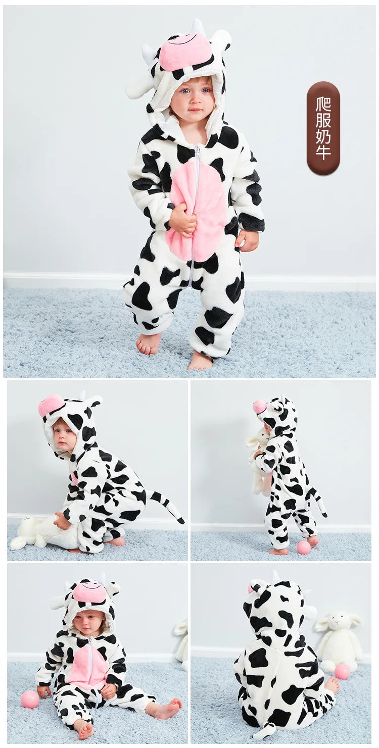 Baby Animal Hooded Costume Jumpsuit with Flannel Styling, Duck, Rabbit, Leopard and More Dress-Up Options for Boys and Girls, Sizes 70-120