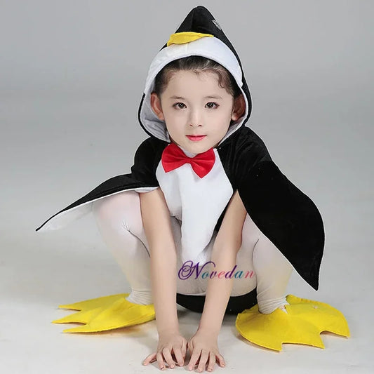 Kids Penguin Costume with Hooded Black-and-White Outfit, Wing-Style Sleeves and Red Bow Detail for Halloween, Birthdays and Animal Dress-Up