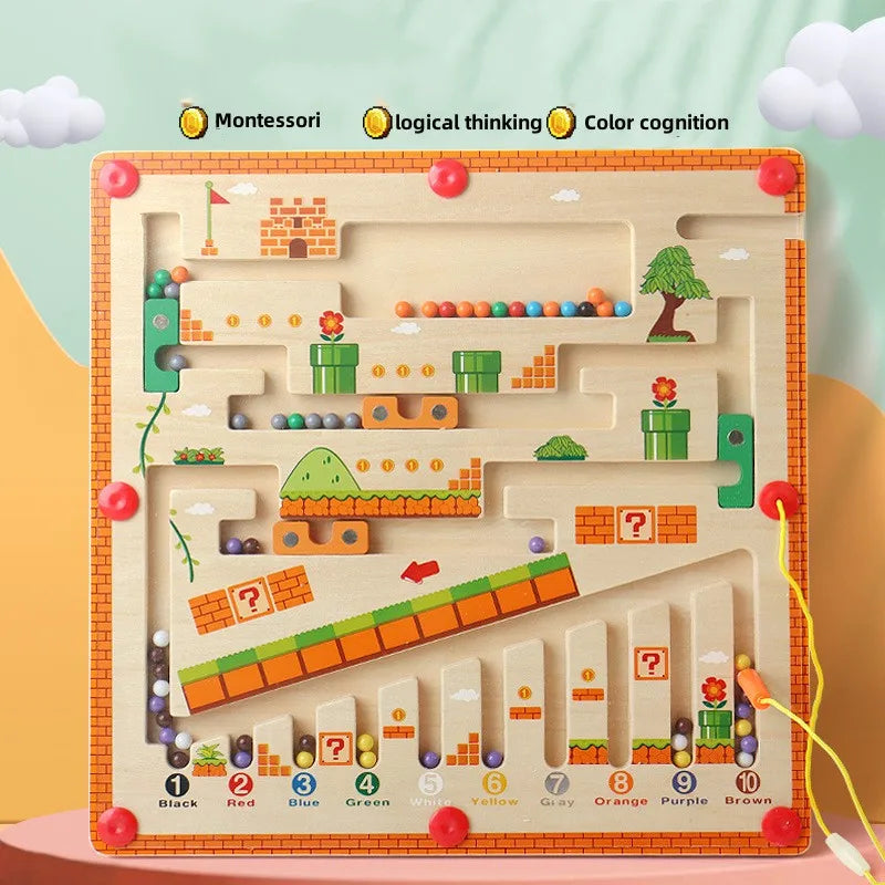 Magnetic Color Sorting Maze Board, Wooden Bead Puzzle with Tethered Wand for Montessori-Inspired Color Matching, Counting and Route Planning