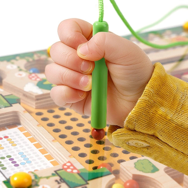 Magnetic Color Sorting Maze Board, Wooden Bead Puzzle with Tethered Wand for Montessori-Inspired Color Matching, Counting and Route Planning