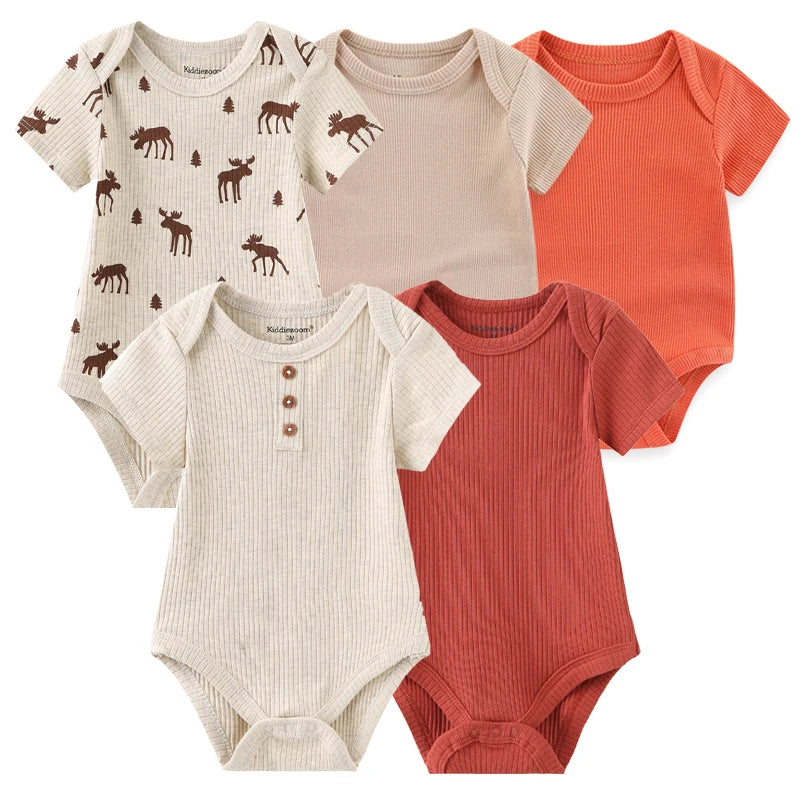 Cotton Baby Bodysuit Set of 5, Short Sleeve and Sleeveless Infant Clothing Styles with Solid Colors and Prints for Boys and Girls, 3M-12M