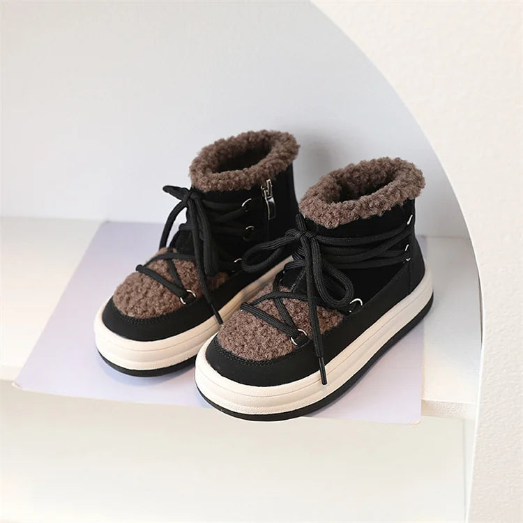 Toddler Fuzzy Trim Ankle Boots with Lace-Up Front and Side Zippers, Plush Winter Styling and Rubber Soles for Boys and Girls, Sizes 21–30